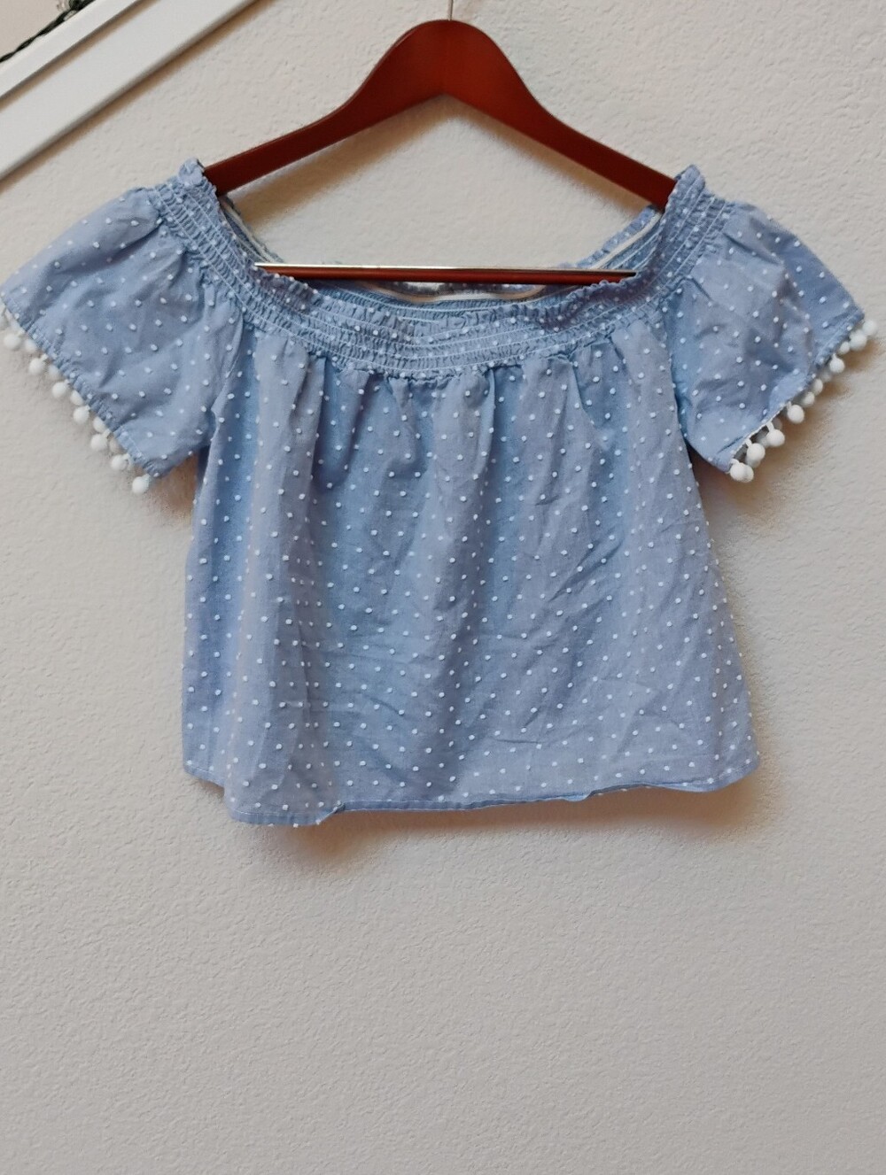 Love, Fire Light Blue Off-Shoulder Dot Pom-Pom Trim Top